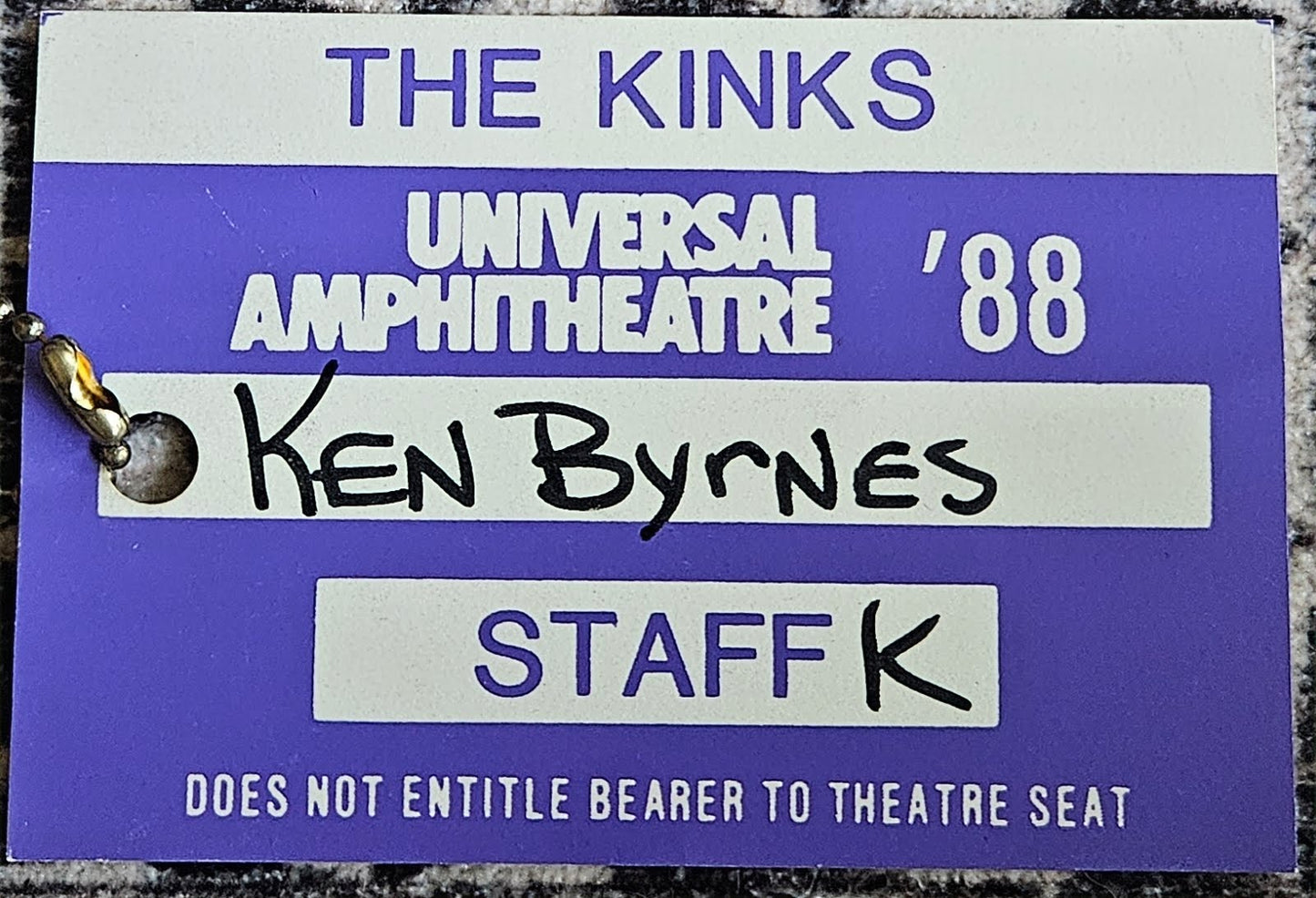 1988 The Kinks Universal Amphitheatre Staff K Pass