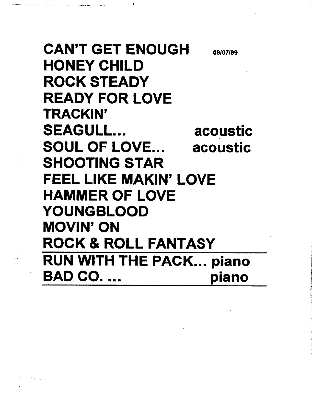 Bad Company — Original Setlist, September 7, 1999 (JW Roberts Collection)