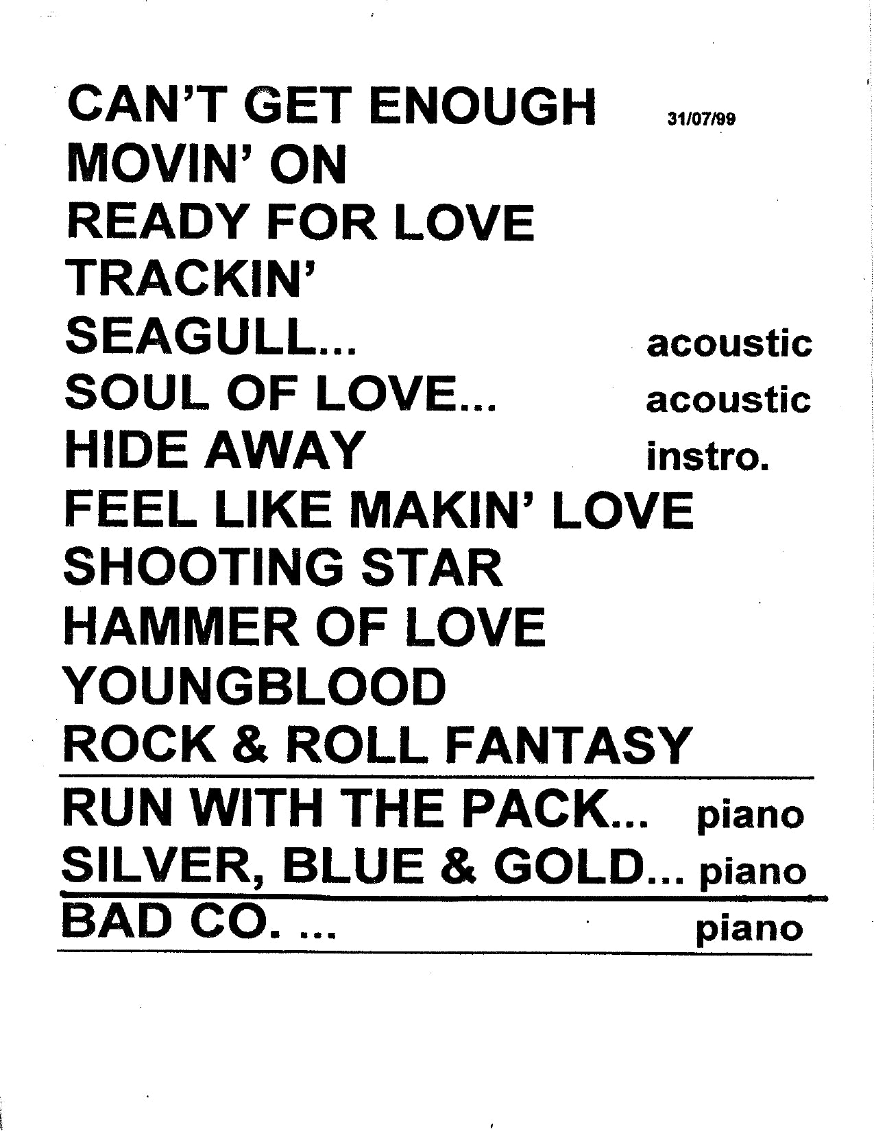 Bad Company — Original Setlist, July 31, 1999 (JW Roberts Collection)