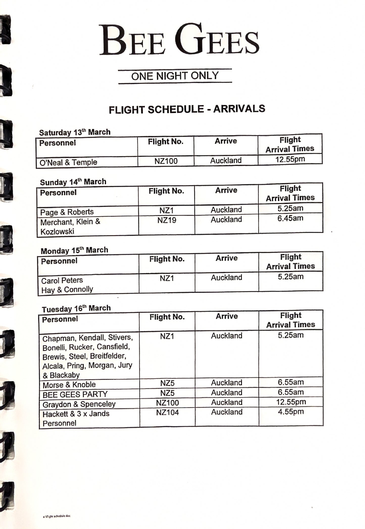 Bee Gees – One Night Only, Auckland New Zealand Official Tour Itinerary, March 20, 1999 | Johnny "JW" Roberts Closet