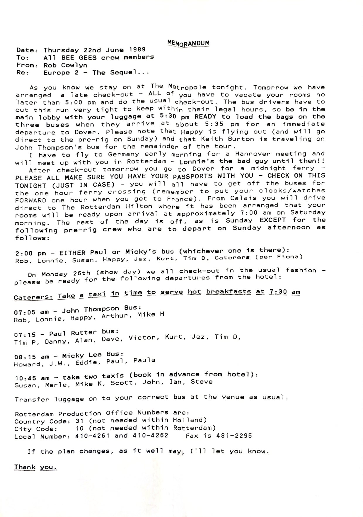Bee Gees – Original Crew Memorandum, "Europe 2 – The Sequel," June 22, 1989 | Johnny "JW" Roberts Closet