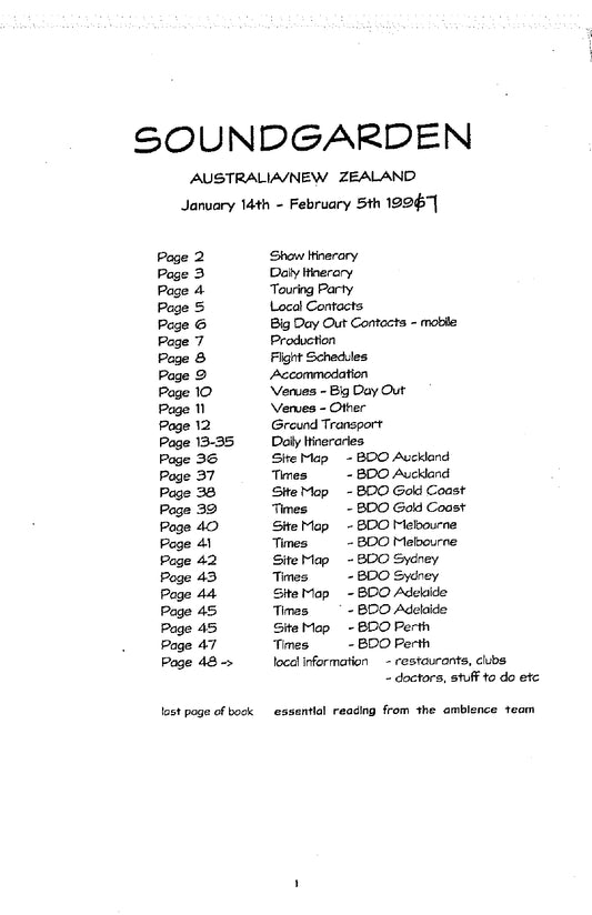 Soundgarden — Big Day Out 1997, Australia/New Zealand, Original Complete Tour Itinerary (JW Roberts Collection)