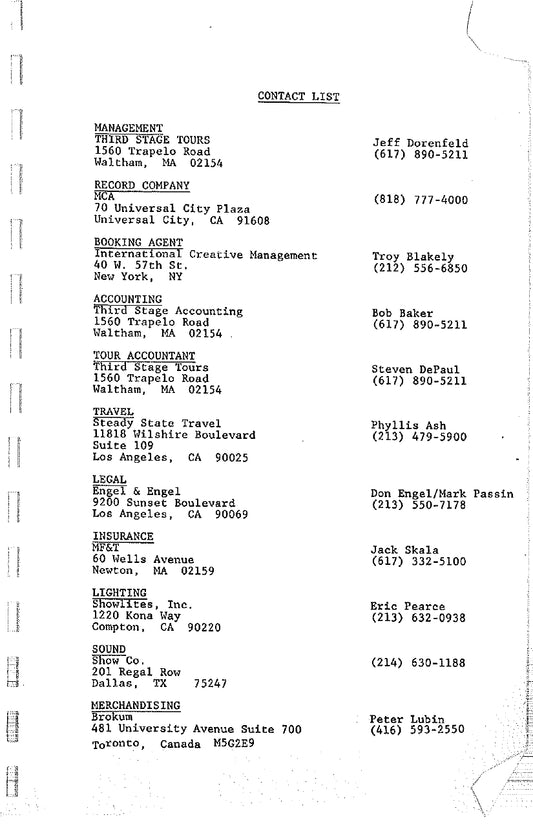 Boston — Third Stage Tour 1987, Original Complete Tour Itinerary Booklet, June–August Leg (JW Roberts Listed as Crew)