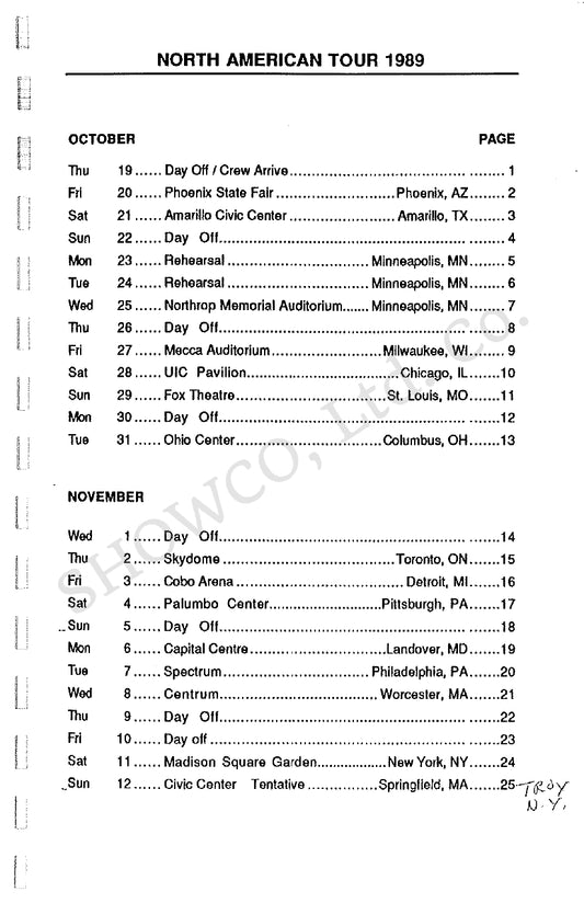 Stevie Ray Vaughan & Double Trouble — 1989 Tour of North America, Original Tour Itinerary