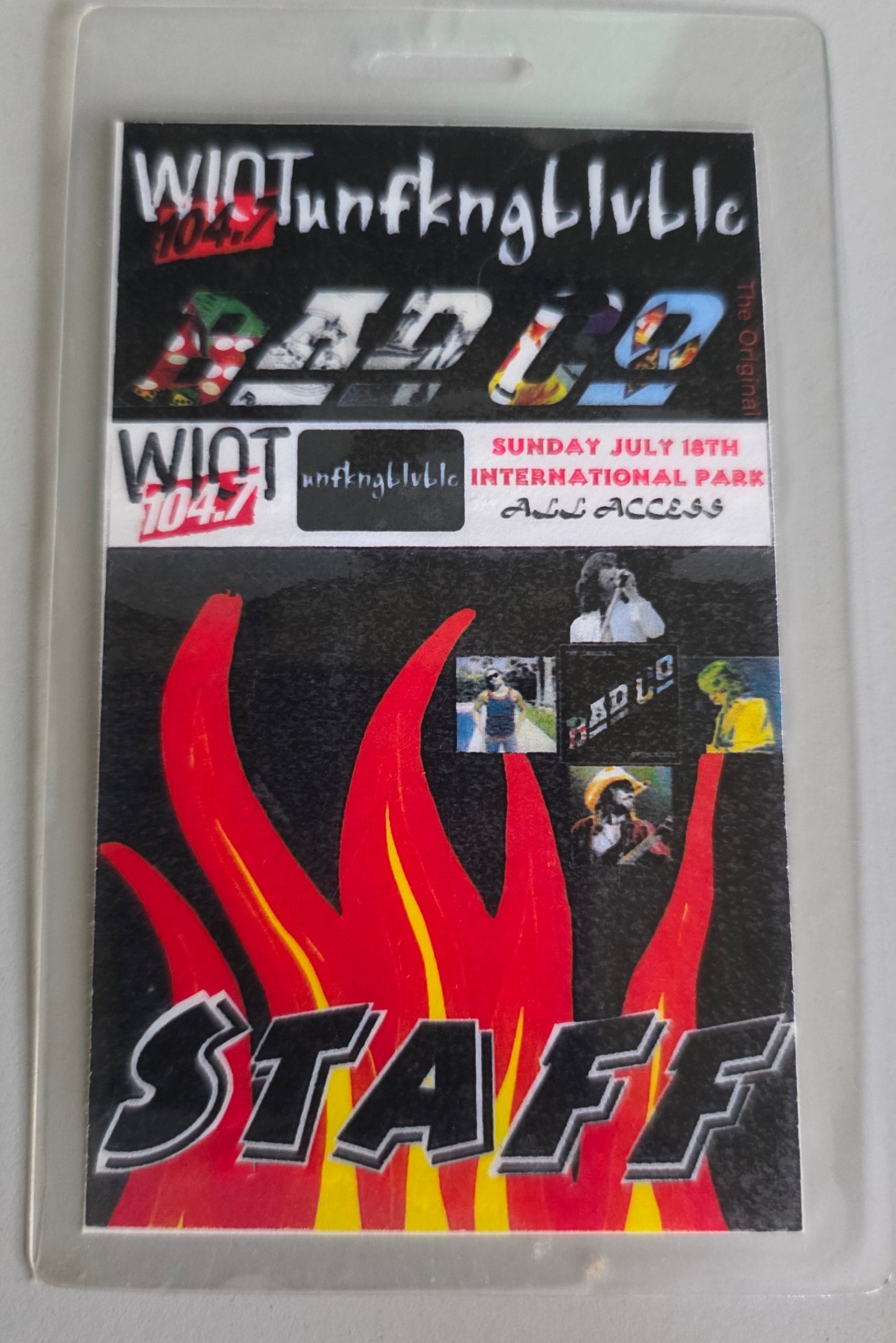 WIOT 104.7 Unfknglvble Radio U2 All Access Staff Pass – International Park, July 18, flame design, in original sleeve