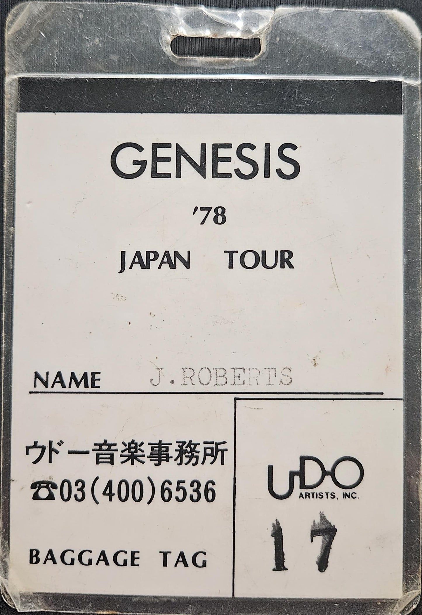 Genesis '78 Japan Tour Baggage Tag — J. Roberts
