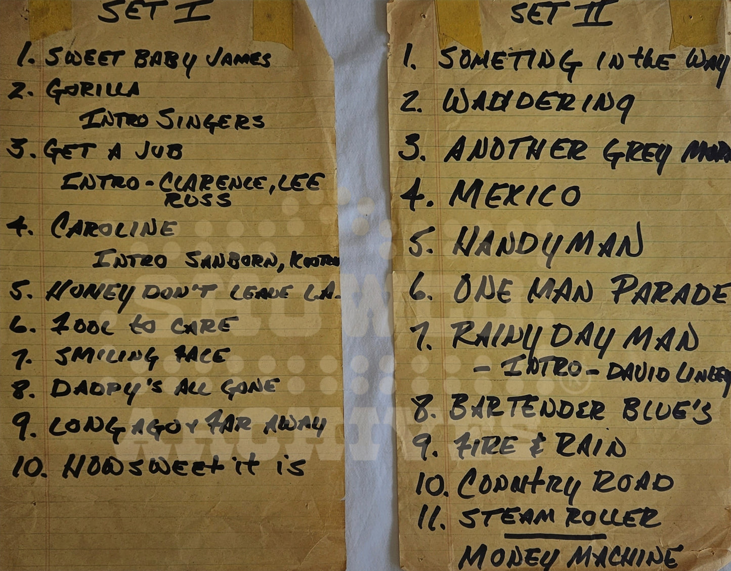 James Taylor Setlists – Original Handwritten Set I & Set II