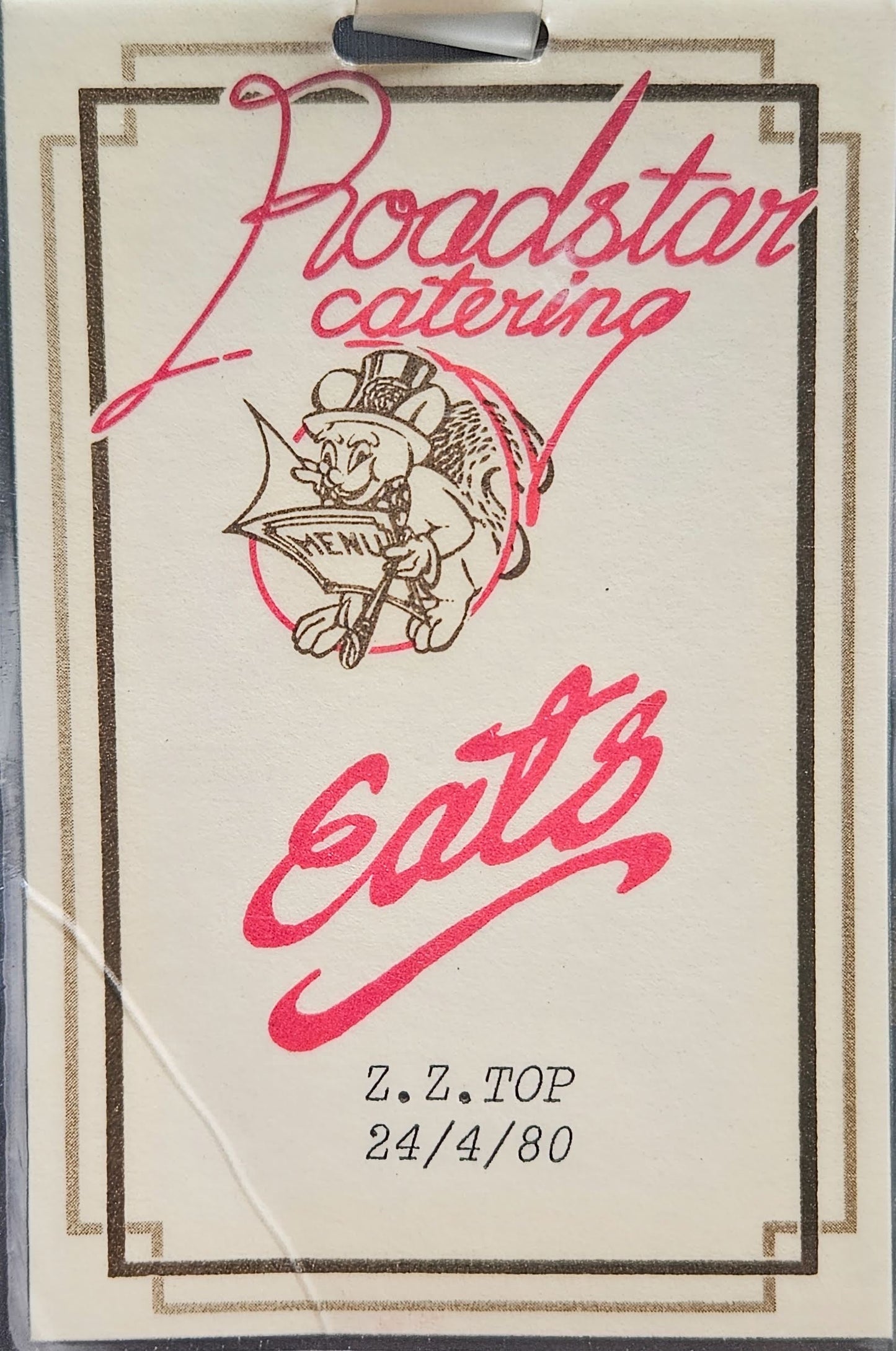 ZZ Top – Roadstar Catering 'Eatz' Laminate, April 24 1980 | Johnny "JW" Roberts Closet