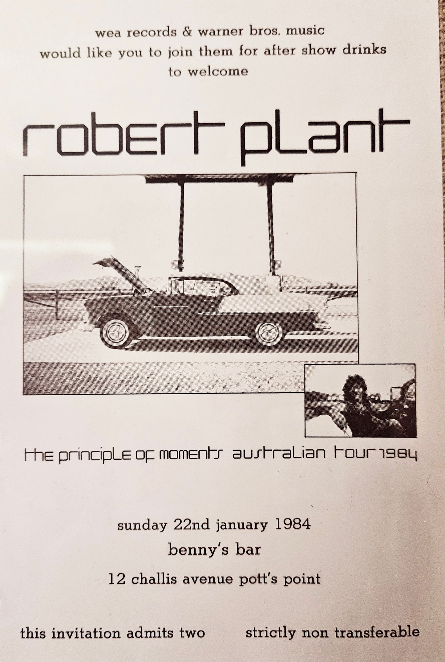 WEA Records / WB Music — Robert Plant Australia Tour Celebration Invitation, Benny’s Bar, January 22, 1984
