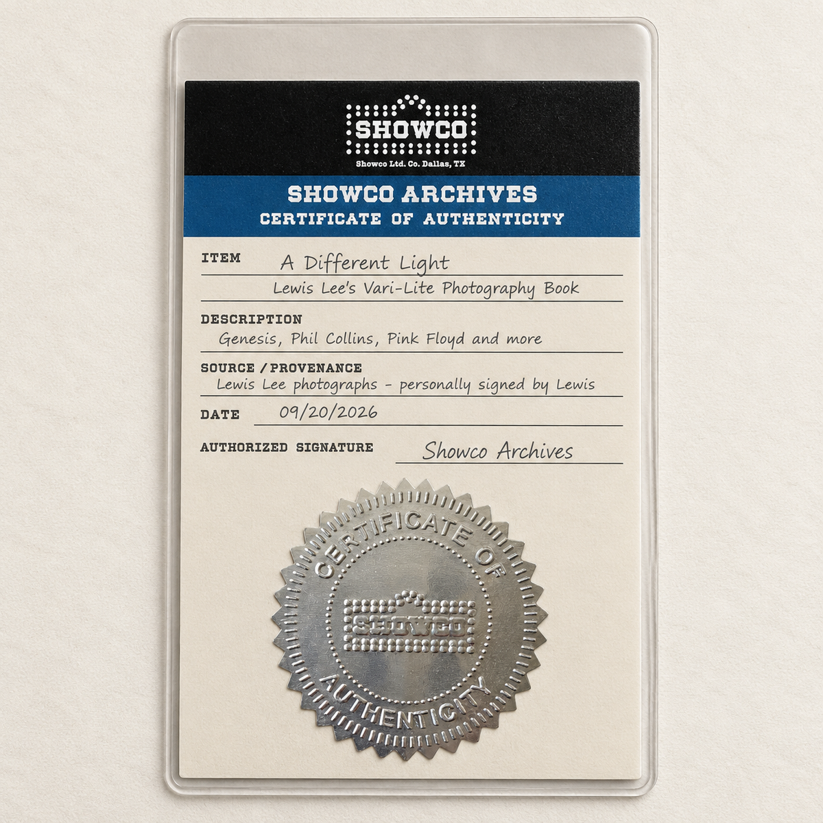 Showco Archives Laminated Certificate of Authenticity with Embossed Seal