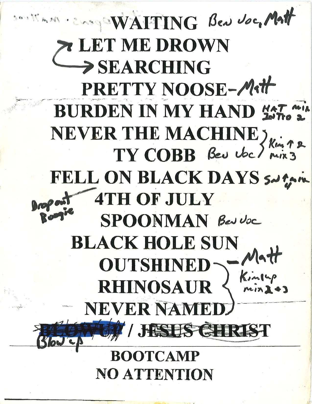 Soundgarden – Original Tour Setlist, Los Angeles | Johnny "JW" Roberts Closet