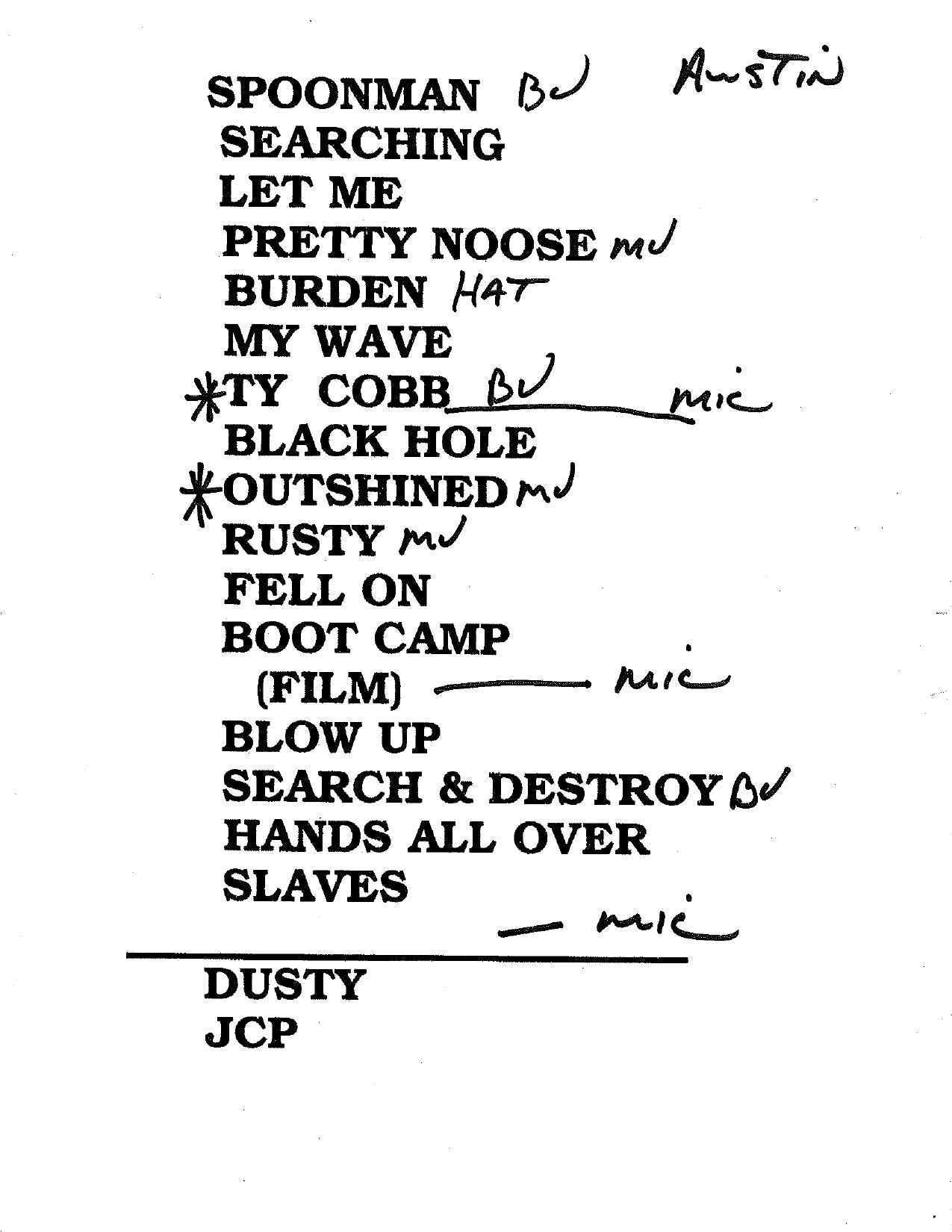 Soundgarden – Original Tour Setlist, Austin | Johnny "JW" Roberts Closet