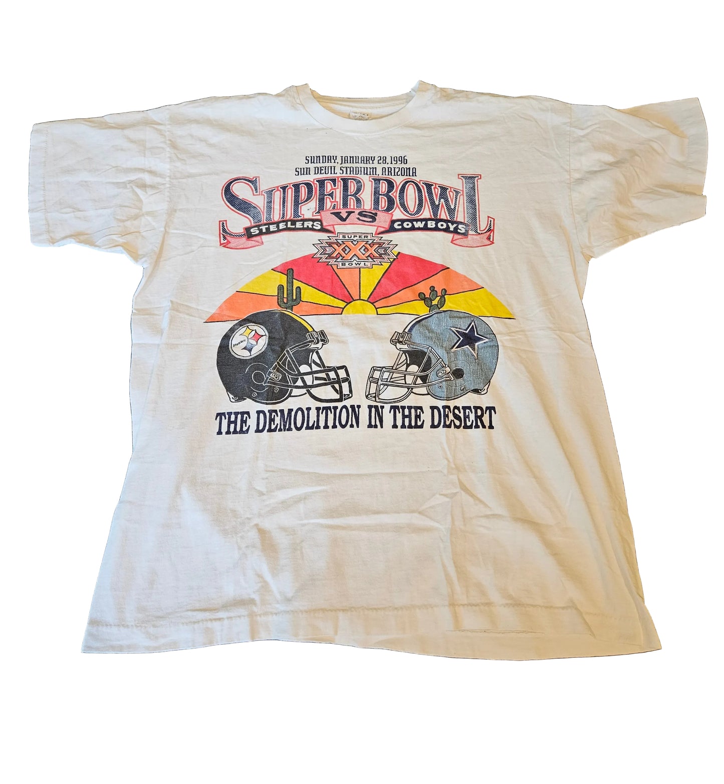Super Bowl XXX 1996 tee - front with Steelers vs Cowboys matchup graphic and Demolition in the Desert tagline