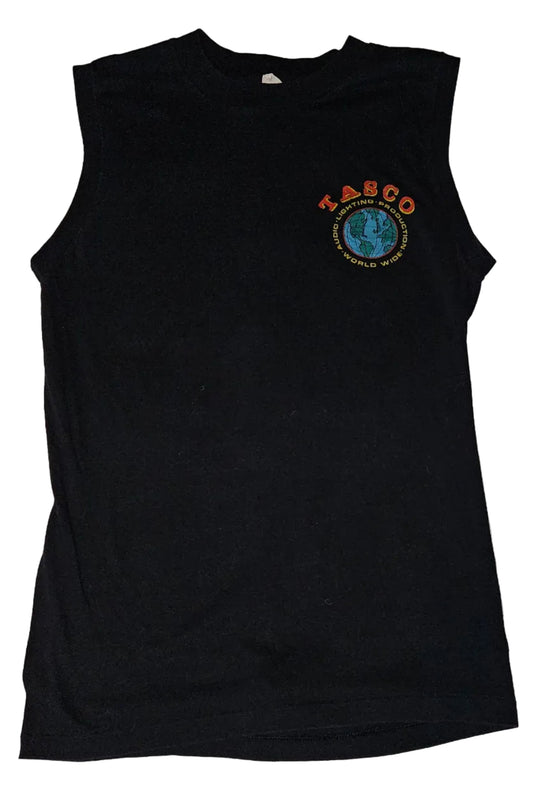 Black sleeveless crew shirt with TASCO Audio Lighting Production World Wide globe logo on left chest