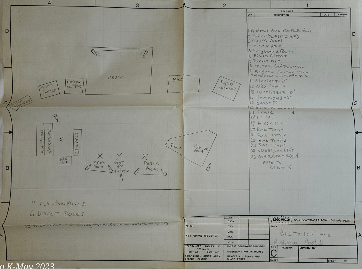 Original Stage Plot – The Cretones & Andrew Gold (Showco)