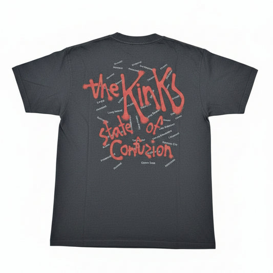 Back of black The Kinks tour tee reading State of Confusion in red dripping script with full US tour city list
