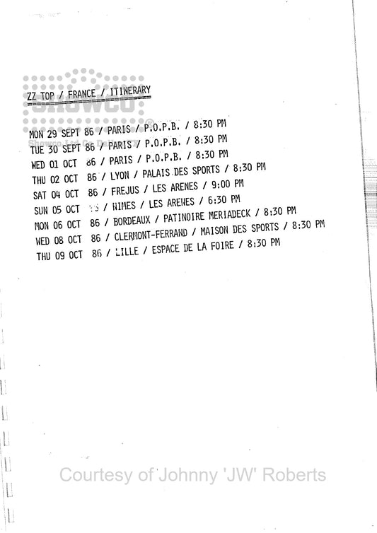 ZZ Top France September/October 1986 — Original Complete Tour Itinerary Booklet (JW Roberts Collection)