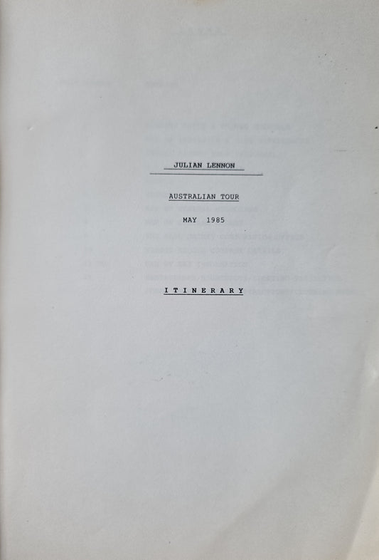 Julian Lennon — Australian Tour May 1985, Original Complete Tour Itinerary (JW Roberts Named on Flight Schedule)
