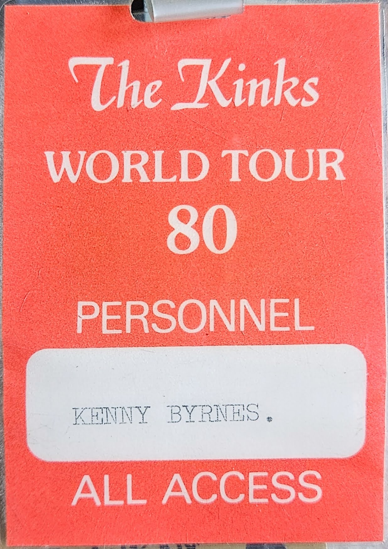 1980 The Kinks World Tour Personnel All Access Pass