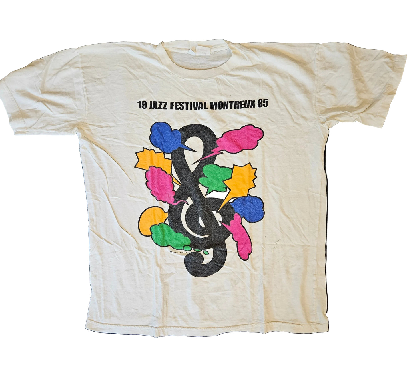 19th Montreux Jazz Festival 1985 tee front — colorful treble clef graphic