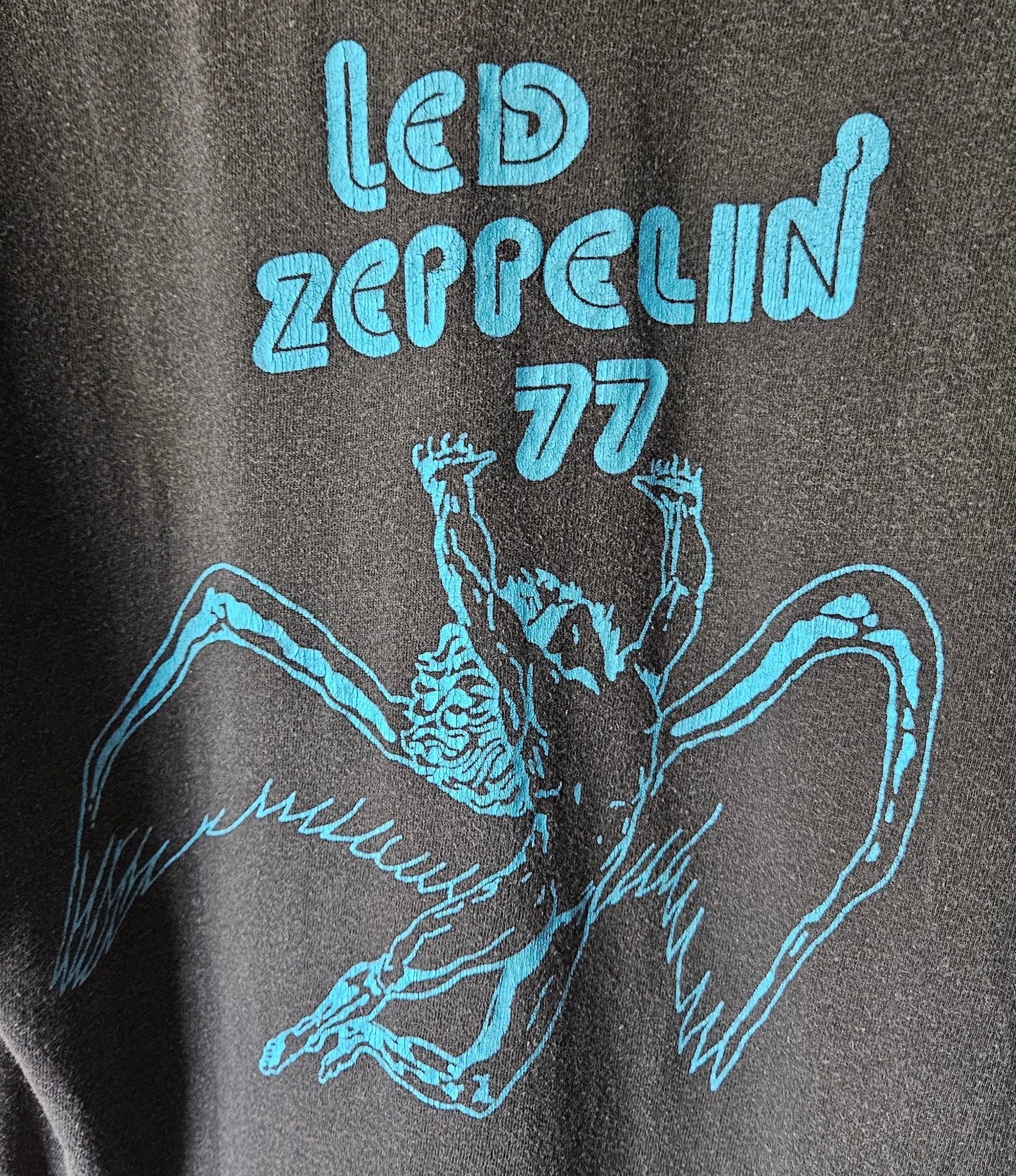 Led Zeppelin 1977 Black Shirt with Blue Lettering (L, Worn)