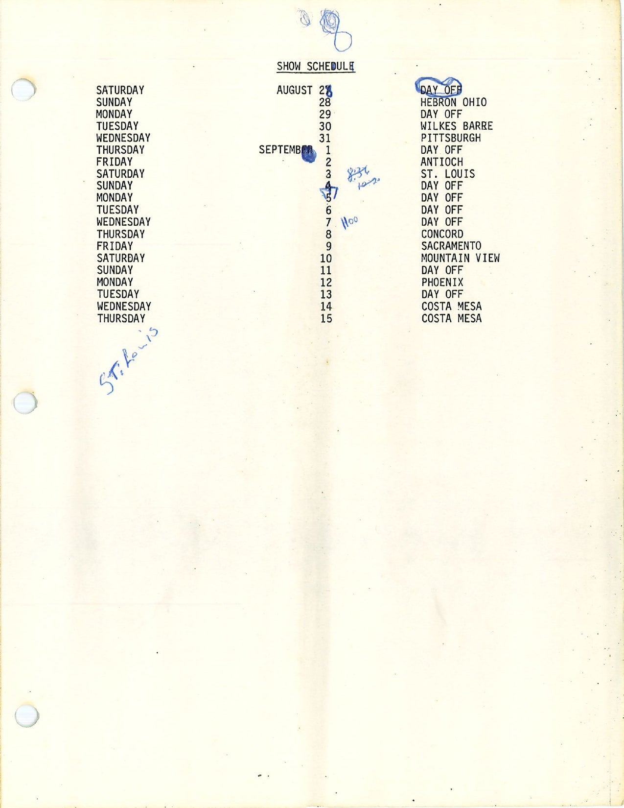 Aerosmith — Permanent Vacation Tour 1988, Original Tour Itinerary (JW Roberts Listed as Crew)