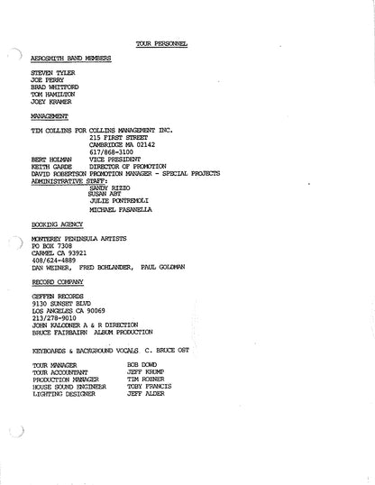 Aerosmith — Permanent Vacation Tour 1988, Original Tour Itinerary (JW Roberts Listed as Crew)