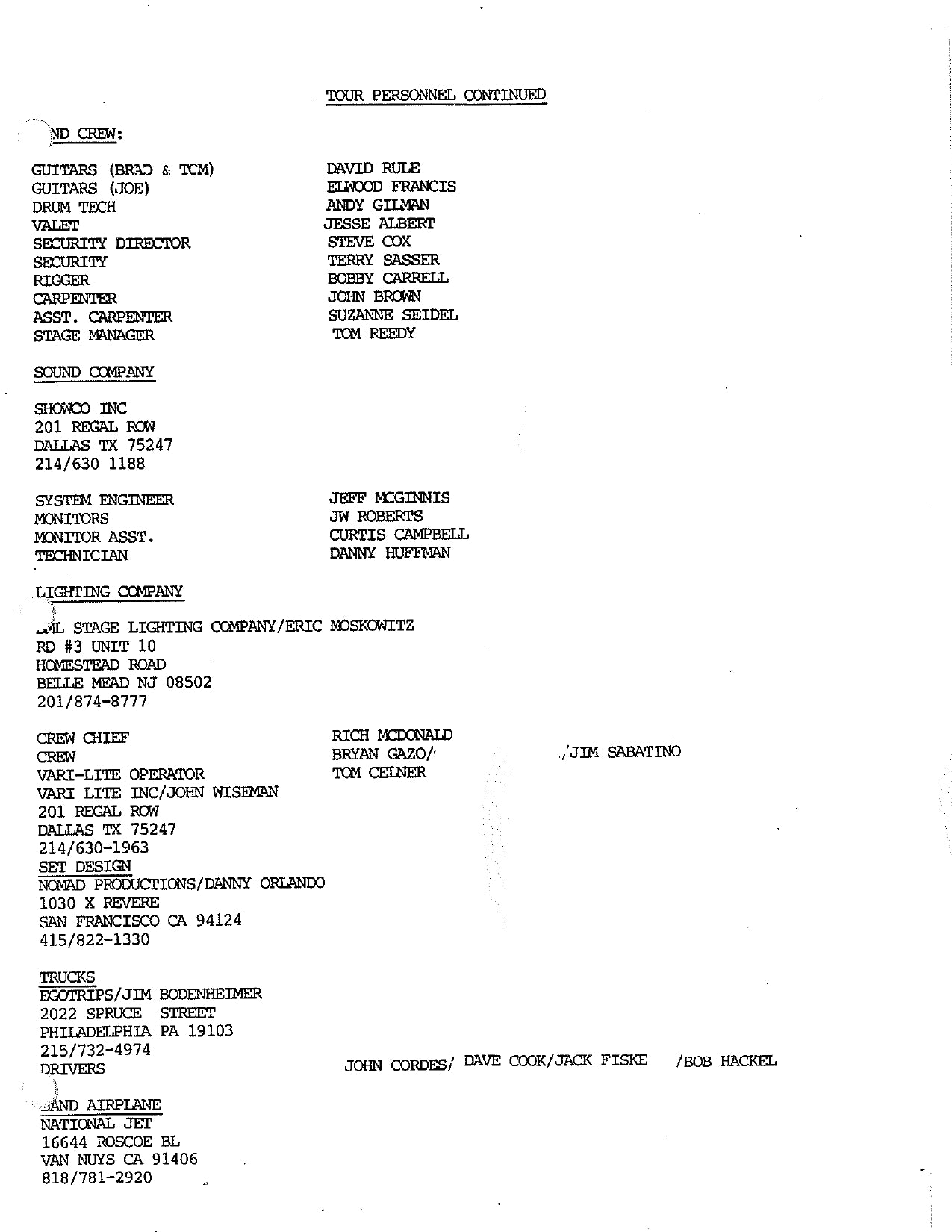 Aerosmith — Permanent Vacation Tour 1988, Original Tour Itinerary (JW Roberts Listed as Crew)