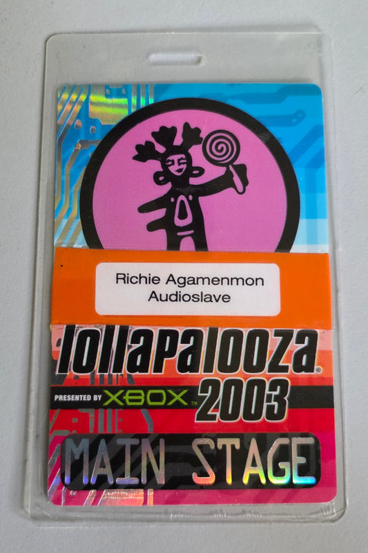 Audioslave Lollapalooza 2003 Main Stage Pass – back, Cube credential holder in original plastic sleeve