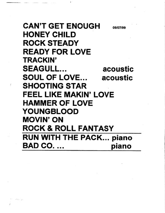 Bad Company — Original Setlist, September 7, 1999 (JW Roberts Collection)