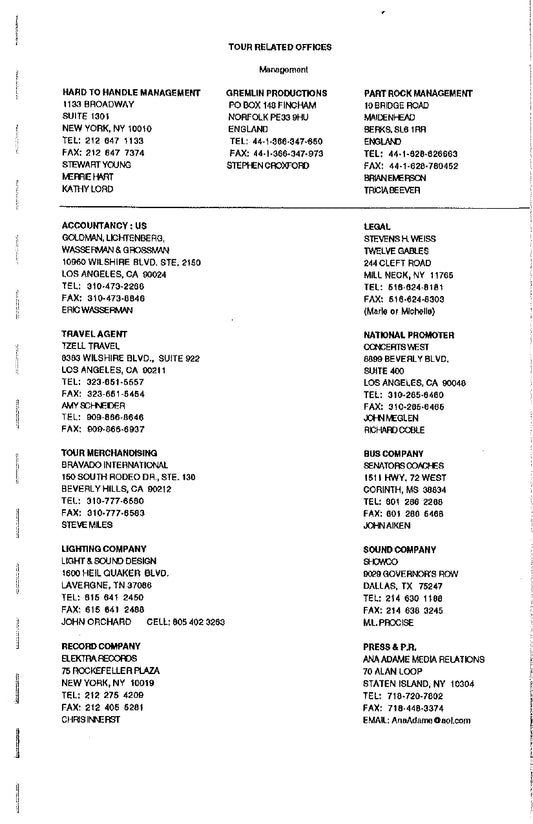 Bad Company — 1999 North America, Original Complete Tour Itinerary (Johnny Roberts #2 Personal Copy)