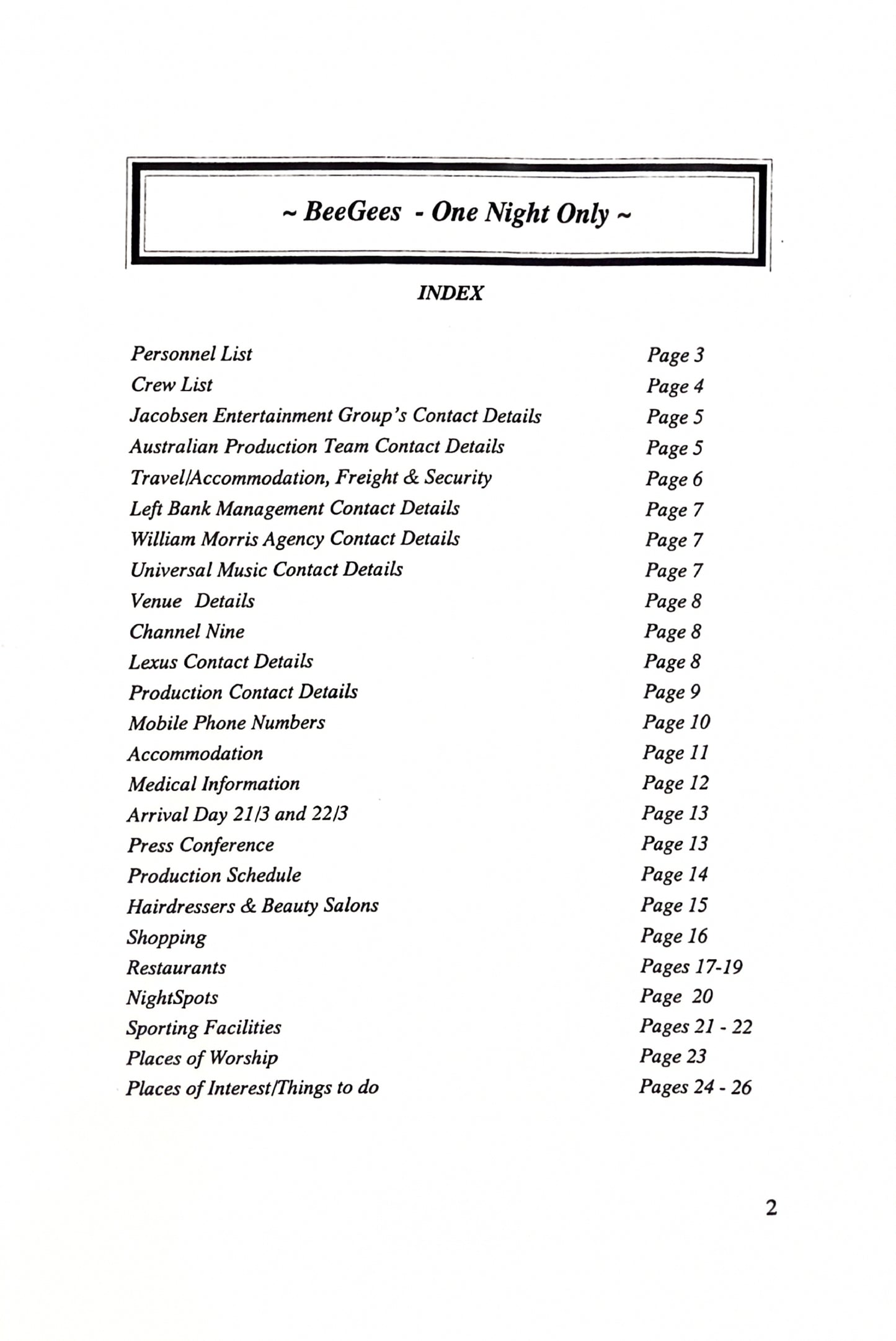 Bee Gees – One Night Only, Australian Tour Official Itinerary, March 27, 1999 | Johnny "JW" Roberts Closet