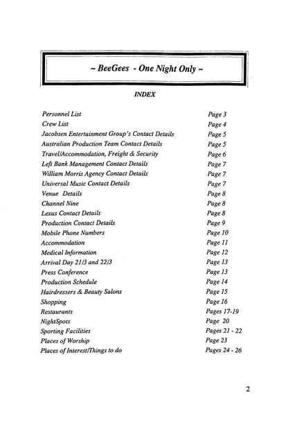 Bee Gees – One Night Only, Australian Tour Official Itinerary, March 27, 1999 | Johnny "JW" Roberts Closet