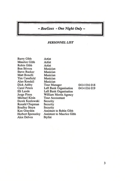 Bee Gees – One Night Only, Australian Tour Official Itinerary, March 27, 1999 | Johnny "JW" Roberts Closet
