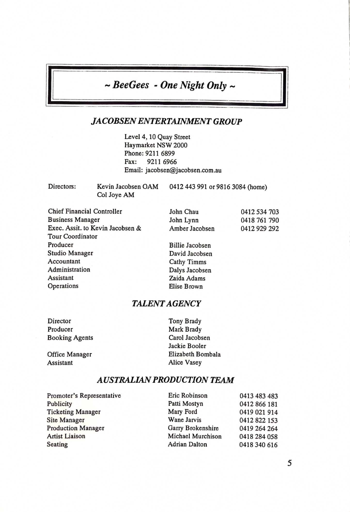 Bee Gees – One Night Only, Australian Tour Official Itinerary, March 27, 1999 | Johnny "JW" Roberts Closet