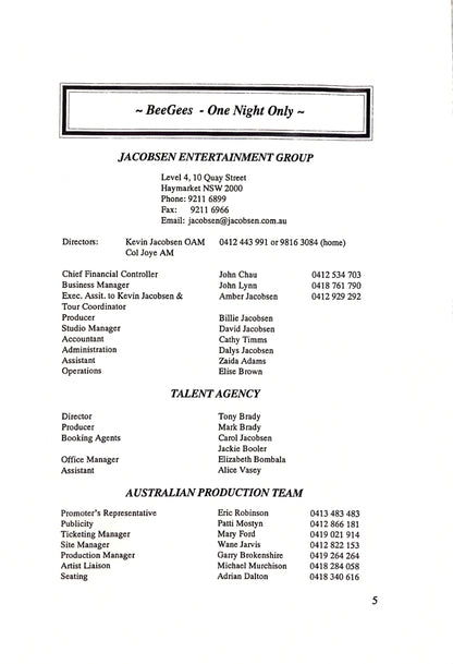 Bee Gees – One Night Only, Australian Tour Official Itinerary, March 27, 1999 | Johnny "JW" Roberts Closet