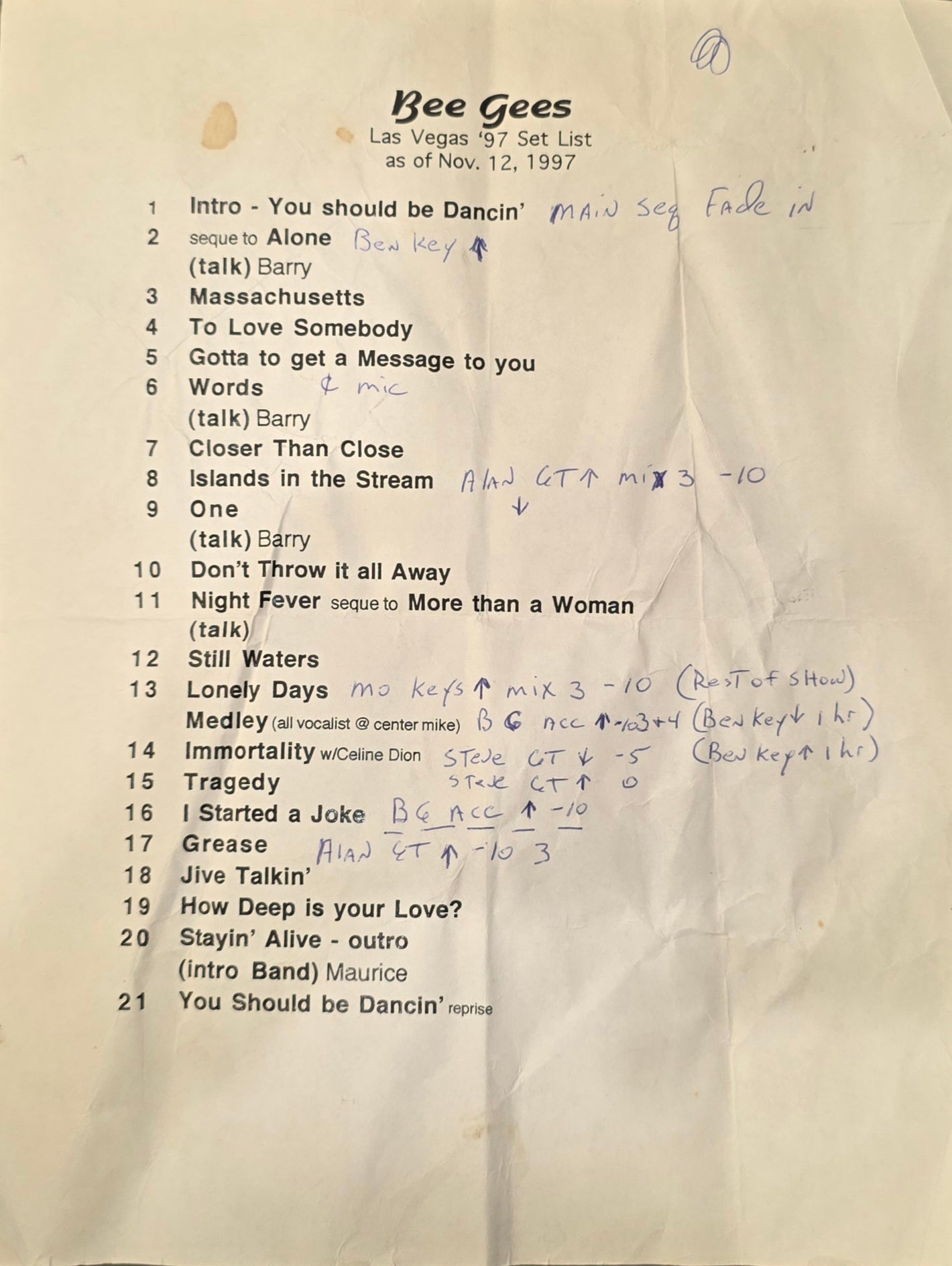 Bee Gees – Original Production Cue Sheet, Las Vegas, Nov. 12, 1997 | Johnny "JW" Roberts Closet