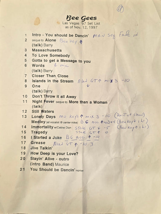Bee Gees – Original Production Cue Sheet, Las Vegas, Nov. 12, 1997 | Johnny "JW" Roberts Closet