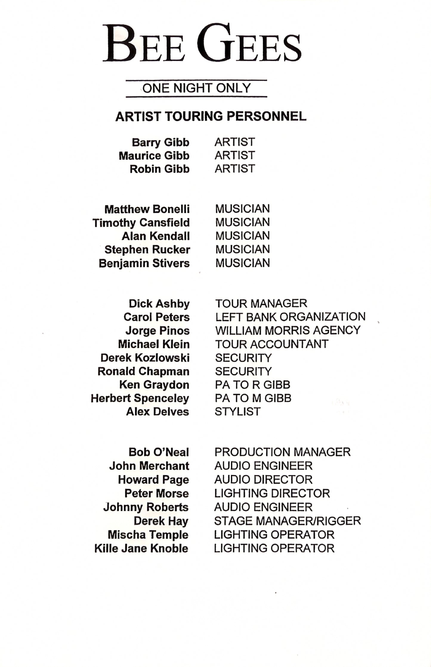 Bee Gees – One Night Only, Auckland New Zealand Official Tour Itinerary, March 20, 1999 | Johnny "JW" Roberts Closet