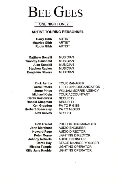 Bee Gees – One Night Only, Auckland New Zealand Official Tour Itinerary, March 20, 1999 | Johnny "JW" Roberts Closet