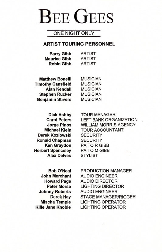 Bee Gees – One Night Only, Auckland New Zealand Official Tour Itinerary, March 20, 1999 | Johnny "JW" Roberts Closet
