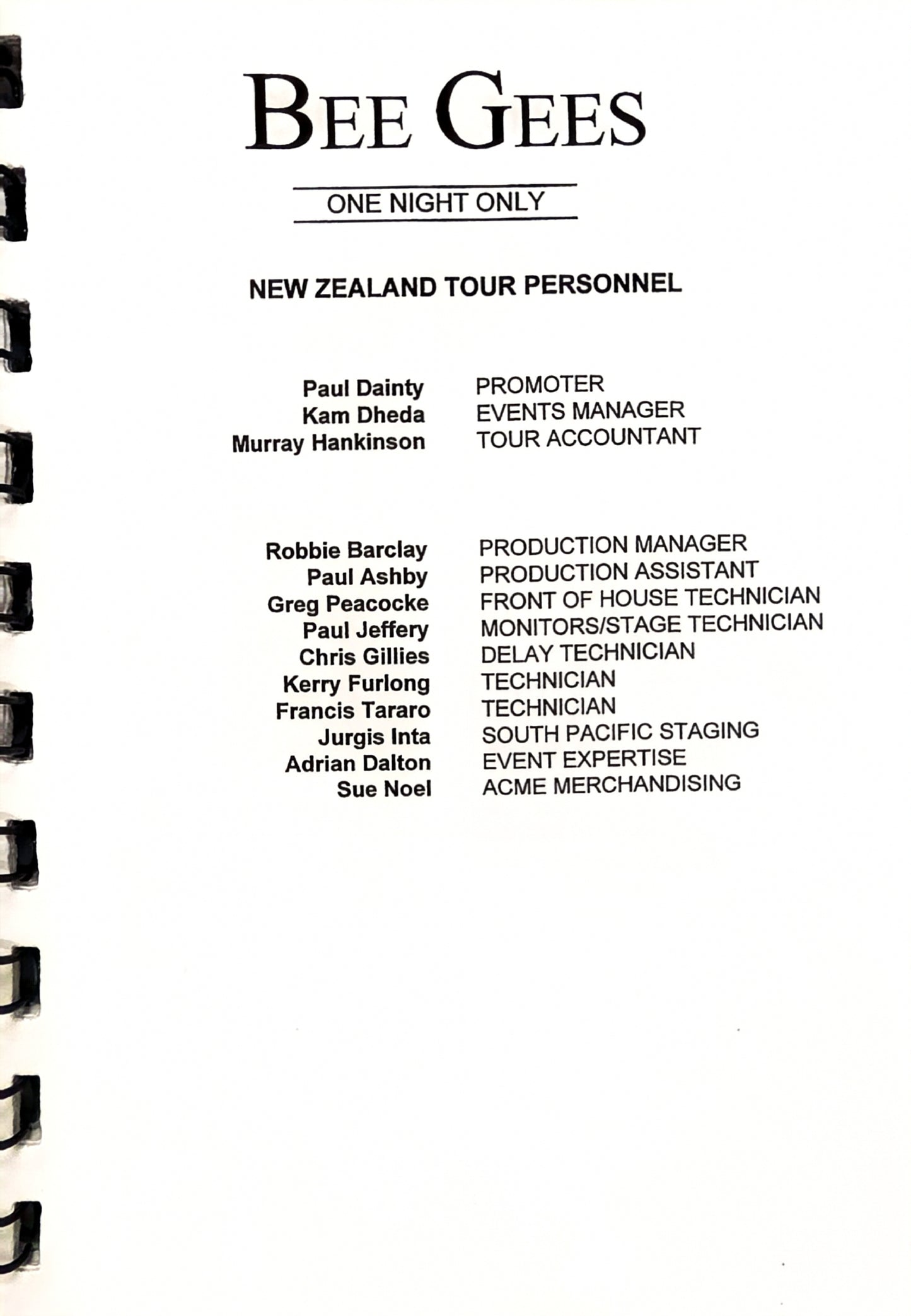 Bee Gees – One Night Only, Auckland New Zealand Official Tour Itinerary, March 20, 1999 | Johnny "JW" Roberts Closet