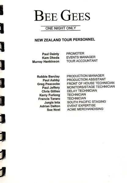 Bee Gees – One Night Only, Auckland New Zealand Official Tour Itinerary, March 20, 1999 | Johnny "JW" Roberts Closet