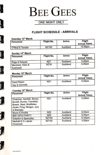 Bee Gees – One Night Only, Auckland New Zealand Official Tour Itinerary, March 20, 1999 | Johnny "JW" Roberts Closet