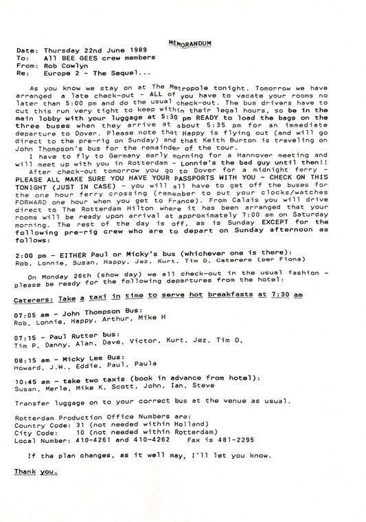 Bee Gees – Original Crew Memorandum, "Europe 2 – The Sequel," June 22, 1989 | Johnny "JW" Roberts Closet