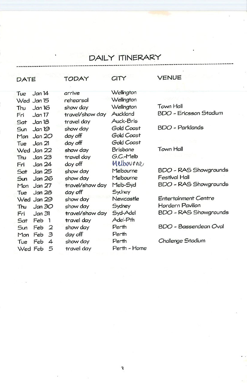 Soundgarden — Big Day Out 1997, Australia/New Zealand, Original Complete Tour Itinerary (JW Roberts Collection)