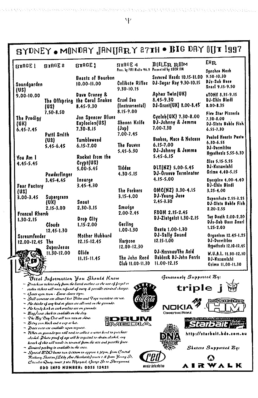 Soundgarden — Big Day Out 1997, Australia/New Zealand, Original Complete Tour Itinerary (JW Roberts Collection)