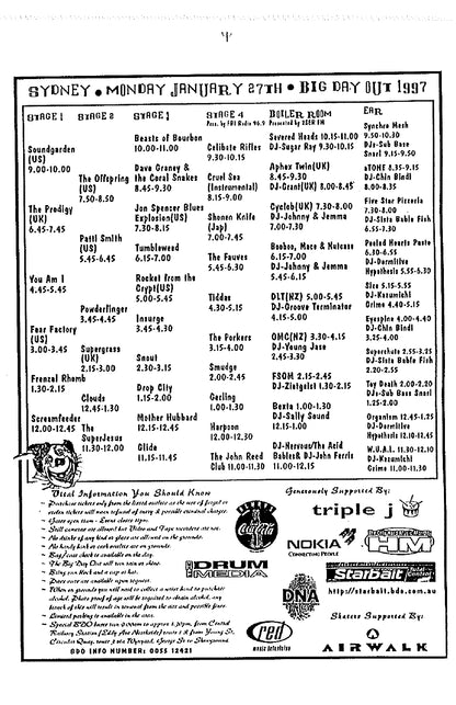 Soundgarden — Big Day Out 1997, Australia/New Zealand, Original Complete Tour Itinerary (JW Roberts Collection)