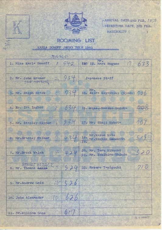 Karla Bonoff Japan Tour 1981 Rooming List – Original SHOWCO Tour Document