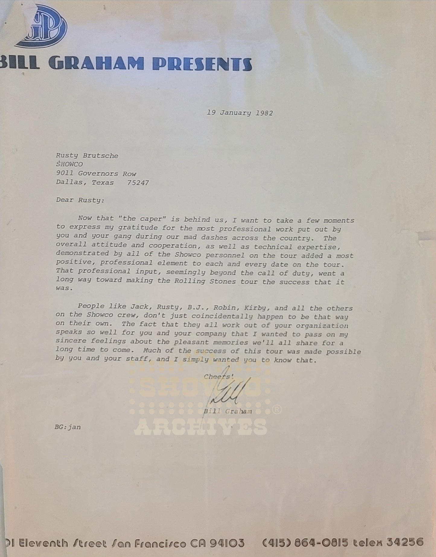 Bill Graham — Original Signed Letter to Rusty Brutsche, SHOWCO | Rolling Stones 1981 Tour | Donnie “DK” Kretzschmar’s Closet
